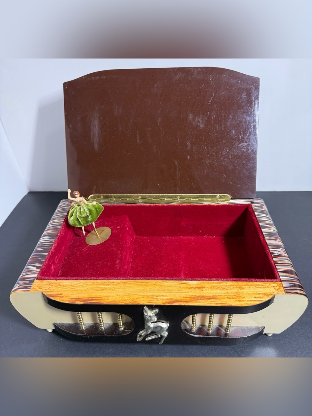 Vintage MCM Made in Italy Ballerina Music Jewelry Box Mid-Century Fawn/Deer